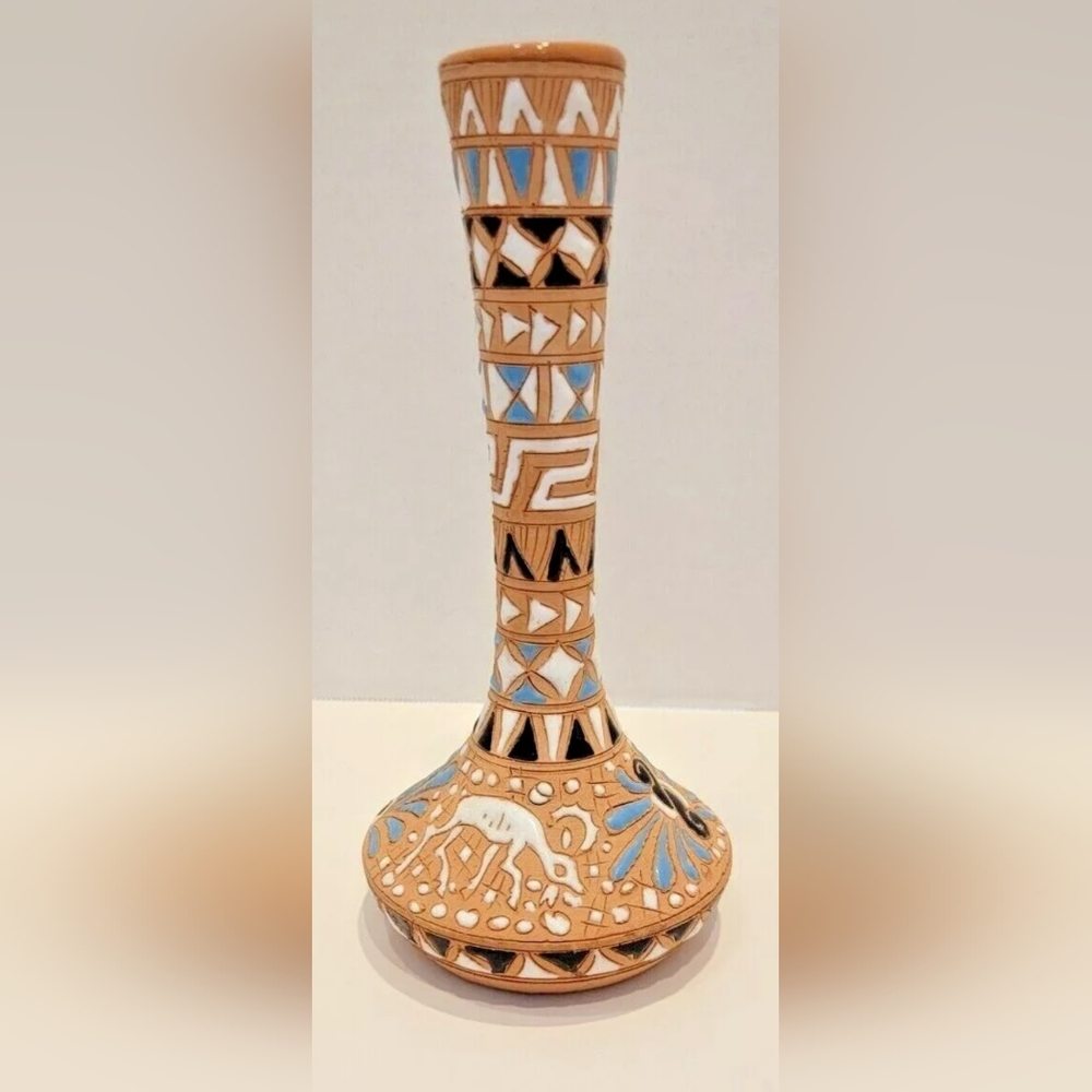 Greek Clay Pottery 8" Vase Horned Goat- Blue& White Etched Designs- Signed